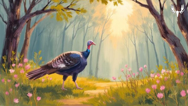 Wild turkey in a sunlit forest clearing with pink flowers, MeatEater logo top right