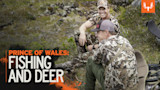 PRINCE OF WALES: FISHING AND DEER — two hunters in camouflage sitting on tundra with deer and gear