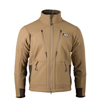 First Lite tan Straightline field jacket, fleece-lined collar, full front zipper and two vertical chest zips