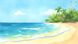 Watercolor tropical beach with palm trees, waves, and MeatEater antler logo top right