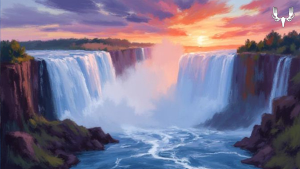 Waterfalls at sunset with mist and pastel sky, MeatEater logo in top-right corner