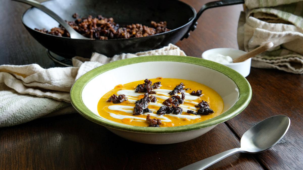 Smoked Squash Soup with Venison Sausage