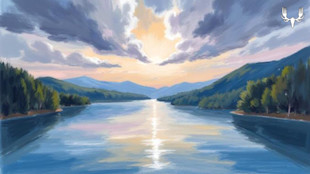 Sunset over mountain lake painting with reflective water, treed shores; MeatEater antler logo top-right