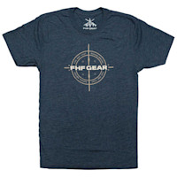 Dark heather T-shirt with circular crosshair graphic and text 'FHF GEAR'