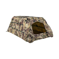 Camouflage pop-up dog blind with open front, interior support poles and Tanglefree straps