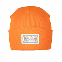 Orange ribbed knit beanie with white patch reading MEATEATER and FUELED BY NATURE