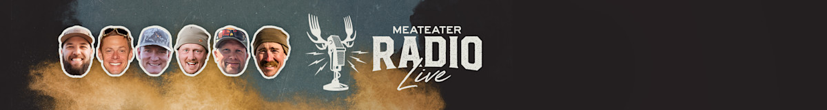 Six host headshots, orange dust cloud, MEATEATER RADIO Live logo and microphone