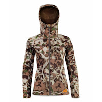 Women's First Lite Catalyst soft-shell camo jacket with hood and front zipper