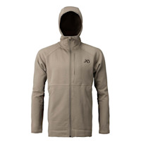 First Lite men's rugged wool zip hoody, tan, full-zip with hood and chest logo