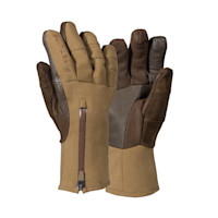 First Lite alpine cold-weather gloves, tan leather gauntlet with zipper and "FIRSTLITE" text on finger