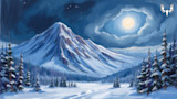 Stylized snowy mountain painting at night with full moon, fir trees and MeatEater logo