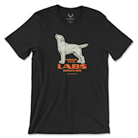 Black T-shirt with cream line-drawing Labrador and orange text "BIRDS FALL LABS DELIVER"