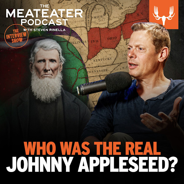 THE MEATEATER PODCAST with STEVEN RINELLA — WHO WAS THE REAL JOHNNY APPLESEED? Rinella at mic beside portrait
