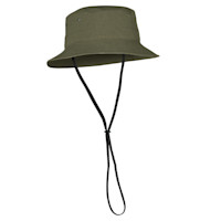 Olive-green boonie hat with wide stitched brim and black adjustable chin cord