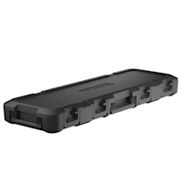 Long black hard plastic rifle case with four latches and molded handle
