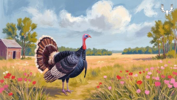 Illustration of a male wild turkey with fanned tail in a field of flowers near a small barn under cloudy sky