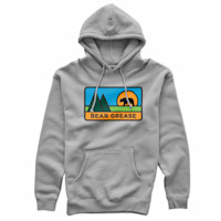 Gray hoodie with patch reading "BEAR GREASE" showing bear silhouette, mountains, and sun