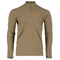 First Lite Trace men's quarter-zip, tan, orange logo on chest