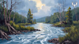 Painting of a river with flowing water, trees and cloudy sky; MeatEater logo
