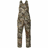 First Lite women's camo bib overalls with chest zip pocket and adjustable logo straps