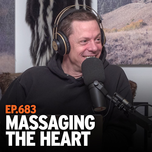 Smiling man wearing headphones speaking into microphone; text "EP.683 MASSAGING THE HEART"