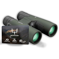 Vortex 10x42 green binoculars with 'VORTEX' logo and MEATEATER card showing First Lite, FHF Gear, Phelps logos