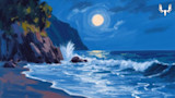 Moonlit coastal painting: full moon over waves crashing on rocky shore