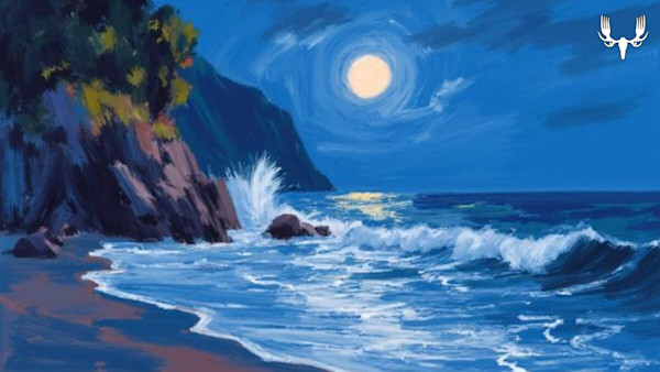 Moonlit coastal painting: full moon over waves crashing on rocky shore