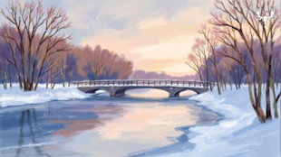 Snowy river with low arched bridge at sunrise, bare trees and reflections