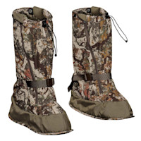 Camouflage hunting gaiters with side zippers, top drawcords, and adjustable ankle straps