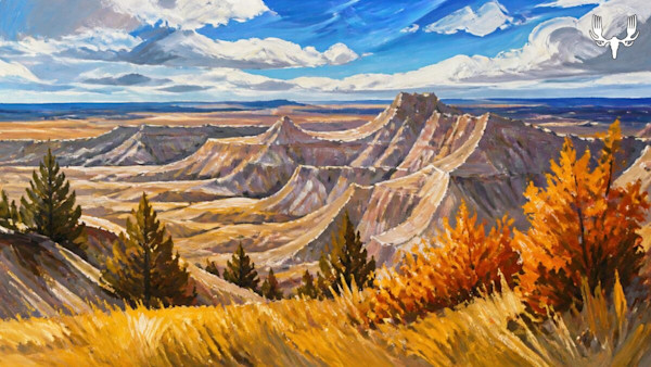 Painting of badlands canyon with golden grasses, pines and blue sky; MeatEater antler logo