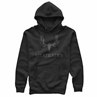 Black hoodie with MeatEater antler-skull logo and "MEATEATER" text
