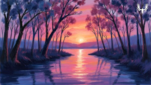 Sunset over a river framed by purple trees, sun reflecting on the water; MeatEater logo top-right