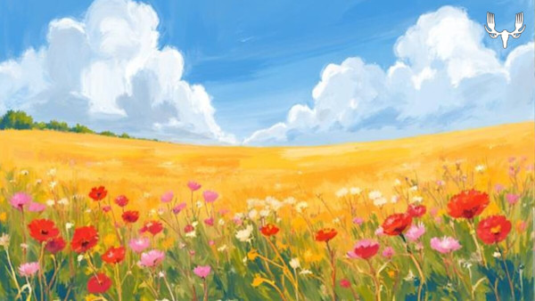 Wildflower field with red and pink blooms before golden hills under blue sky and white clouds; MeatEater logo