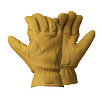 Tan leather gloves with gauntlet cuffs and reinforced finger stitching