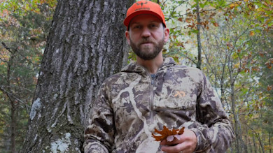 Clay Newcomb holding oak leaves by a tree in forest, wearing an orange cap reading MEATEATER