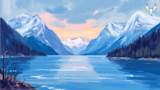 Painted mountain lake at sunset with snow-capped peaks and MeatEater antler skull logo