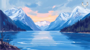 Painted mountain lake at sunset with snow-capped peaks and MeatEater antler skull logo