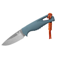 Benchmade fixed-blade knife with stonewashed blade, blue handle and orange paracord