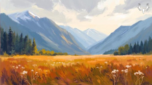 Autumn mountain valley painting with golden meadow, blue distant peaks, MeatEater logo