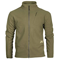 First Lite olive green fleece jacket with full-length front zipper and angled chest zip pocket