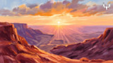 Painted sunrise over canyon with MeatEater antler-skull logo in top-right