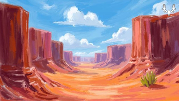 Red canyon illustration with blue sky and MeatEater antler-skull logo top-right