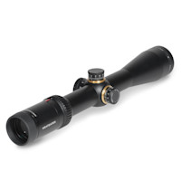 Black riflescope with "MEATEATER" text on eyepiece and knurled gold-ring adjustment turrets