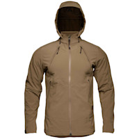 First Lite men's Suppressor tan hooded jacket with full front zipper and zippered chest pockets