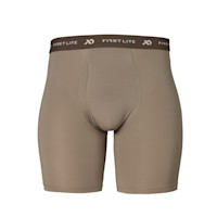 Men's Yuma synthetic boxer briefs, tan, with brown waistband reading 'FIRST LITE' and logo