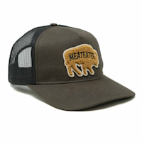 Olive mesh trucker hat with tan bison patch reading MEATEATER