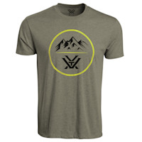 Olive green tee with yellow-ringed circle, mountain graphic above First Lite logo; collar text VORTEX MEDIUM