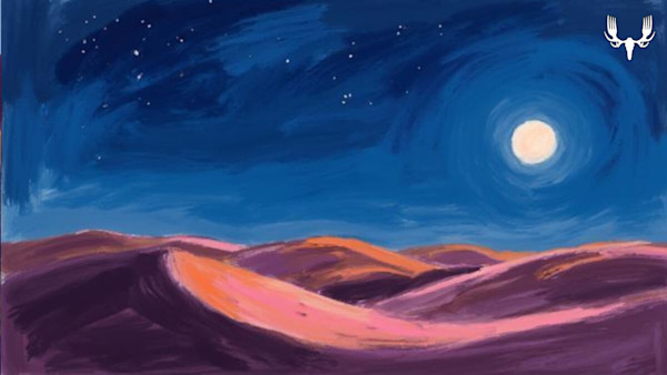 Painted moonlit desert dunes under a starry sky, MeatEater logo top-right