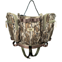Camouflage workhorse saddle kit with two zippered side pouches, straps, handle, patch reading 'GRIT'